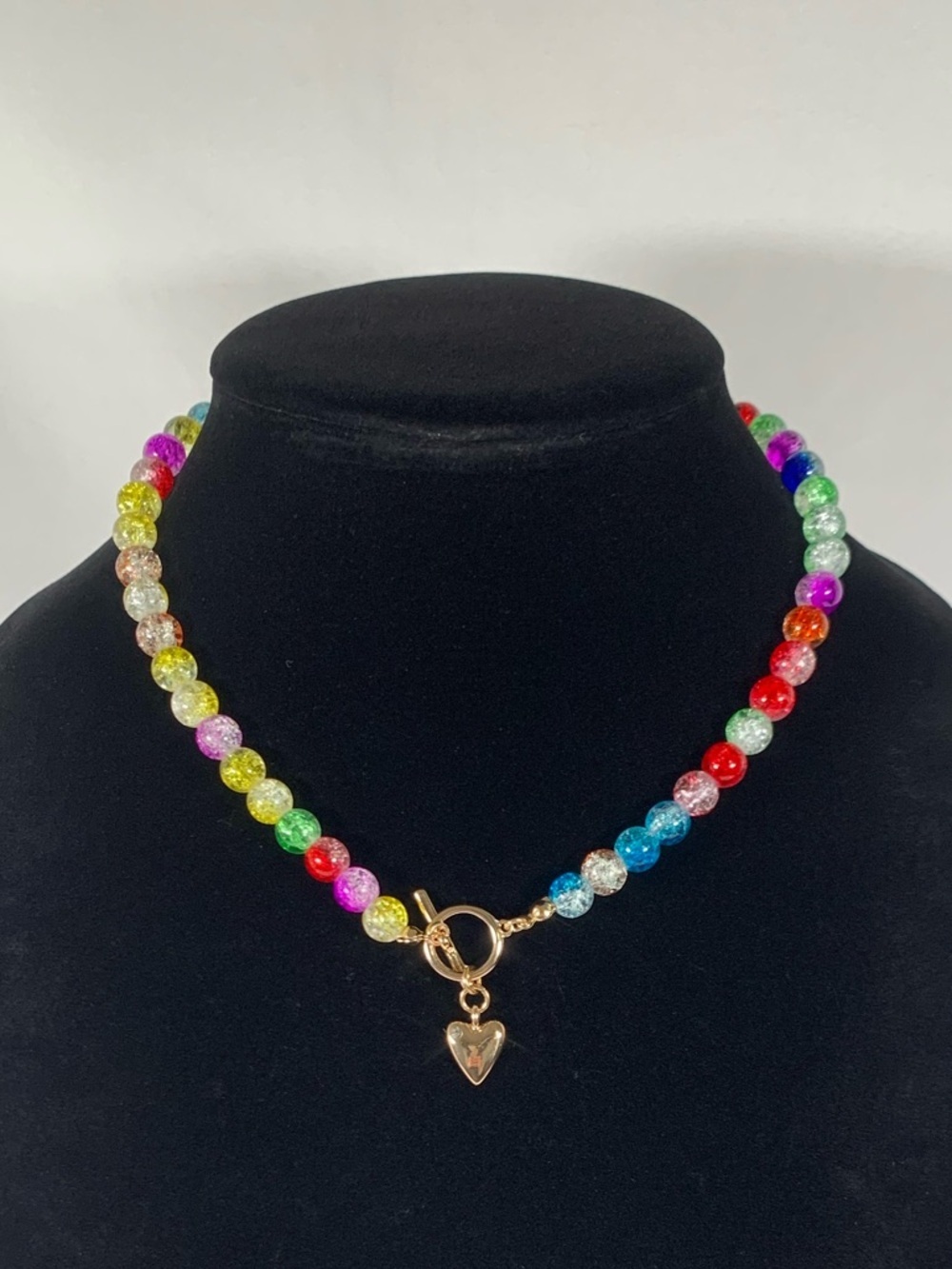 Carnival Rainbow Glass Crackle Bead Gold Tone Necklace 16.5”
